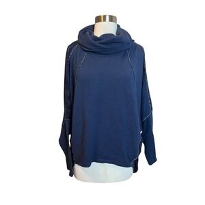 Belle France Tunic Top XL Navy Blue Metallic And Sheer Panels Cowl Neck Pullover